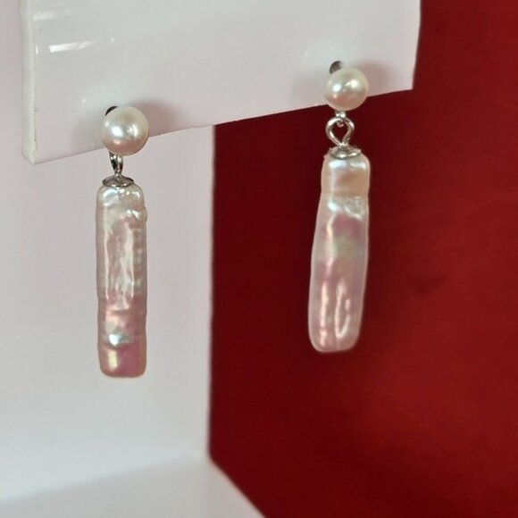 925 Sterling Silver Dangling Earrings with   Cultured Freshwater White Pearls. - Picture 2 of 8